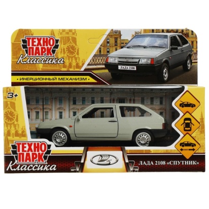 Машина металл LADA-2108 "СПУТНИК" 12 см, двер, баг, инерц, серебристый, кор. Технопарк , 2108-12-SR