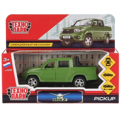 Машина металл UAZ PICKUP 12 см, двери, багаж, инерц, зеленый, кор. Технопарк , PICKUP-GN