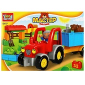 Конструктор большие кубики: ТРАКТОР с тележкой, 32 дет. Город мастеров  10017-GK